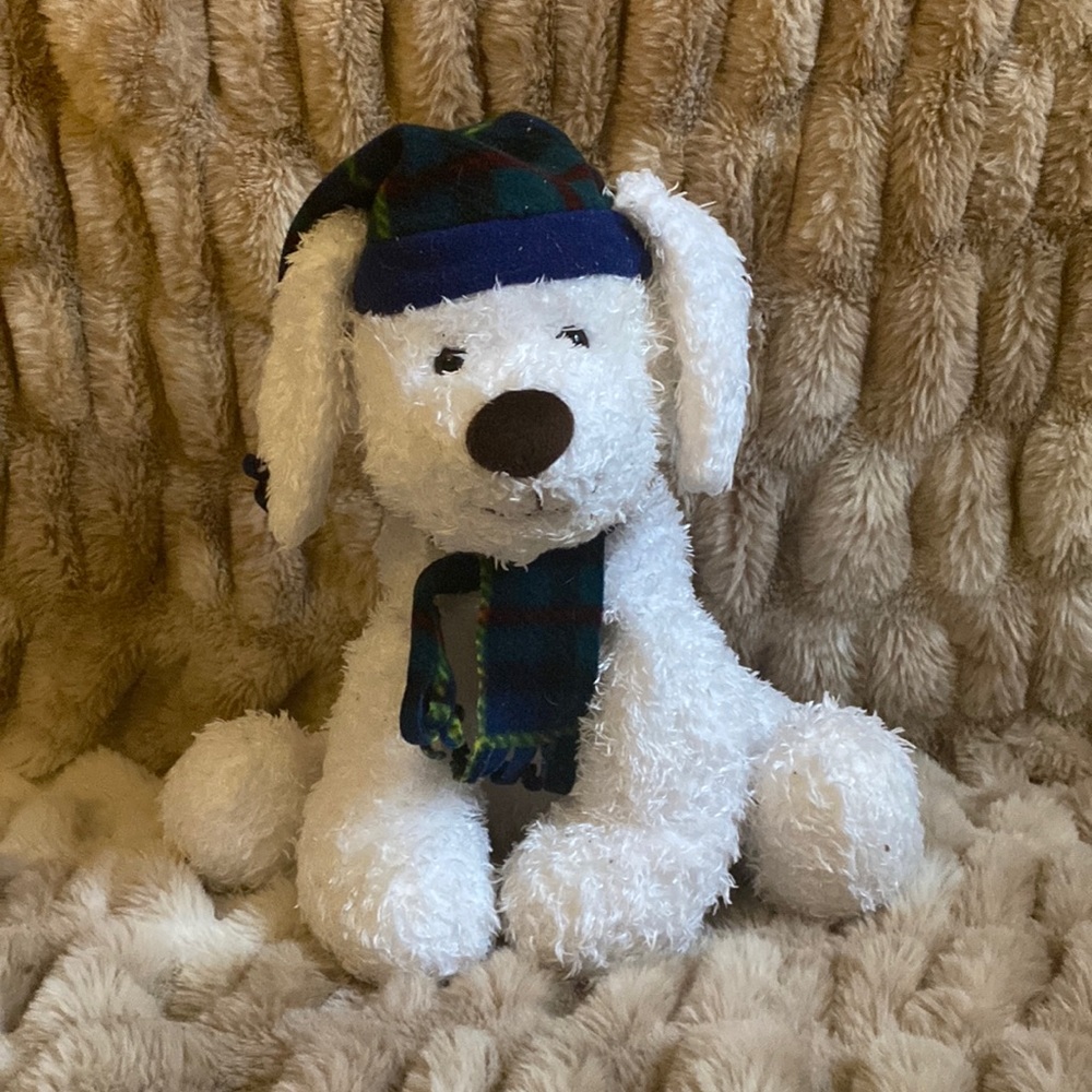 White Puppy Dog with hat and scarf plush